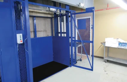 Symmetry blue material lift with the gates open